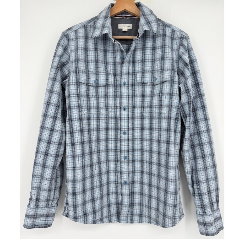 Sun + Stone Men's Blue Plaid Corduroy Button Up Long Sleeve Shirt Size S‎